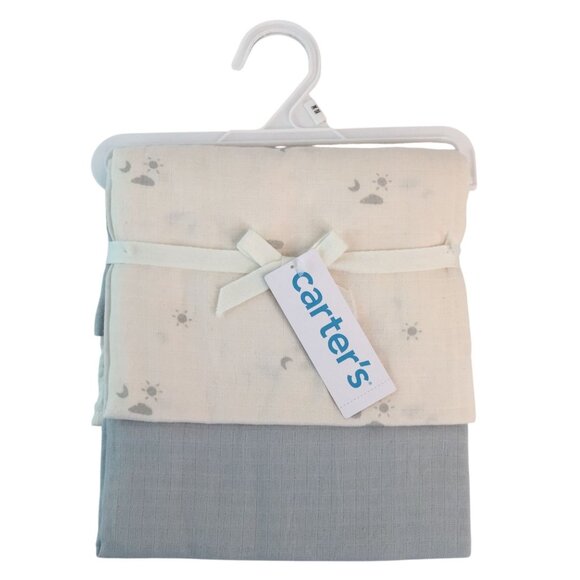 Carters Cotton Receiving Blanket 2-Pack Sun Moon Cloud Design Green Cream NWT - Picture 1 of 7